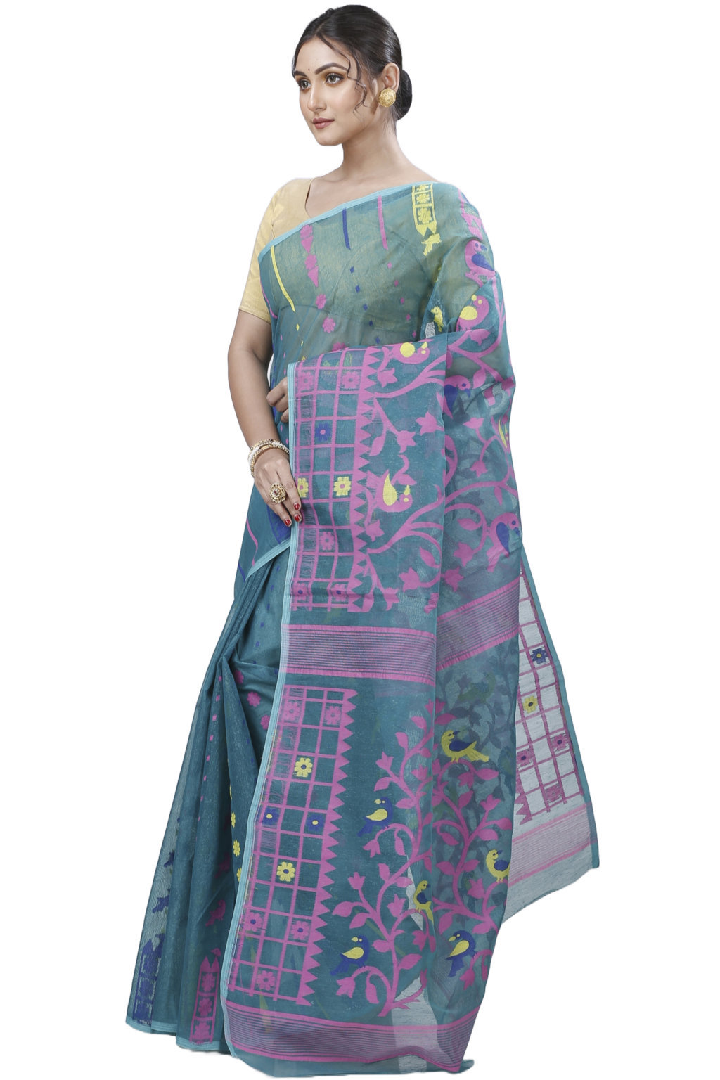 See Green Pure Cotton Sabon Jamdani Saree (1307)
